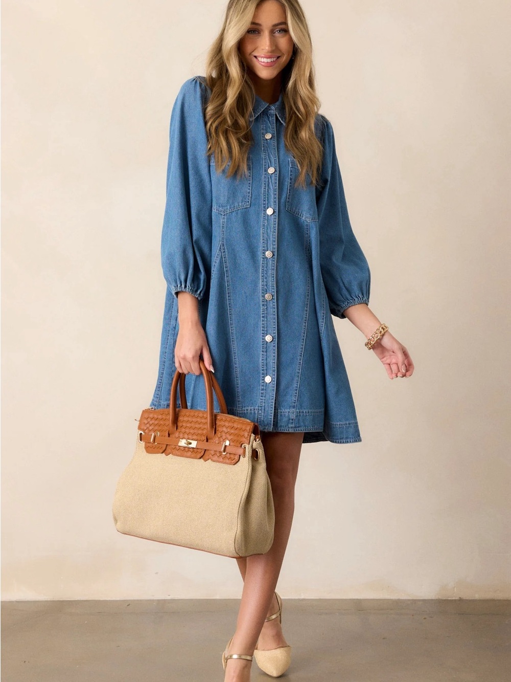 entro Chambray Button-Front Midi Dress - Blue - Picture 2 of 5